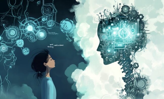 Una niña mira una representación de inteligencia artificia